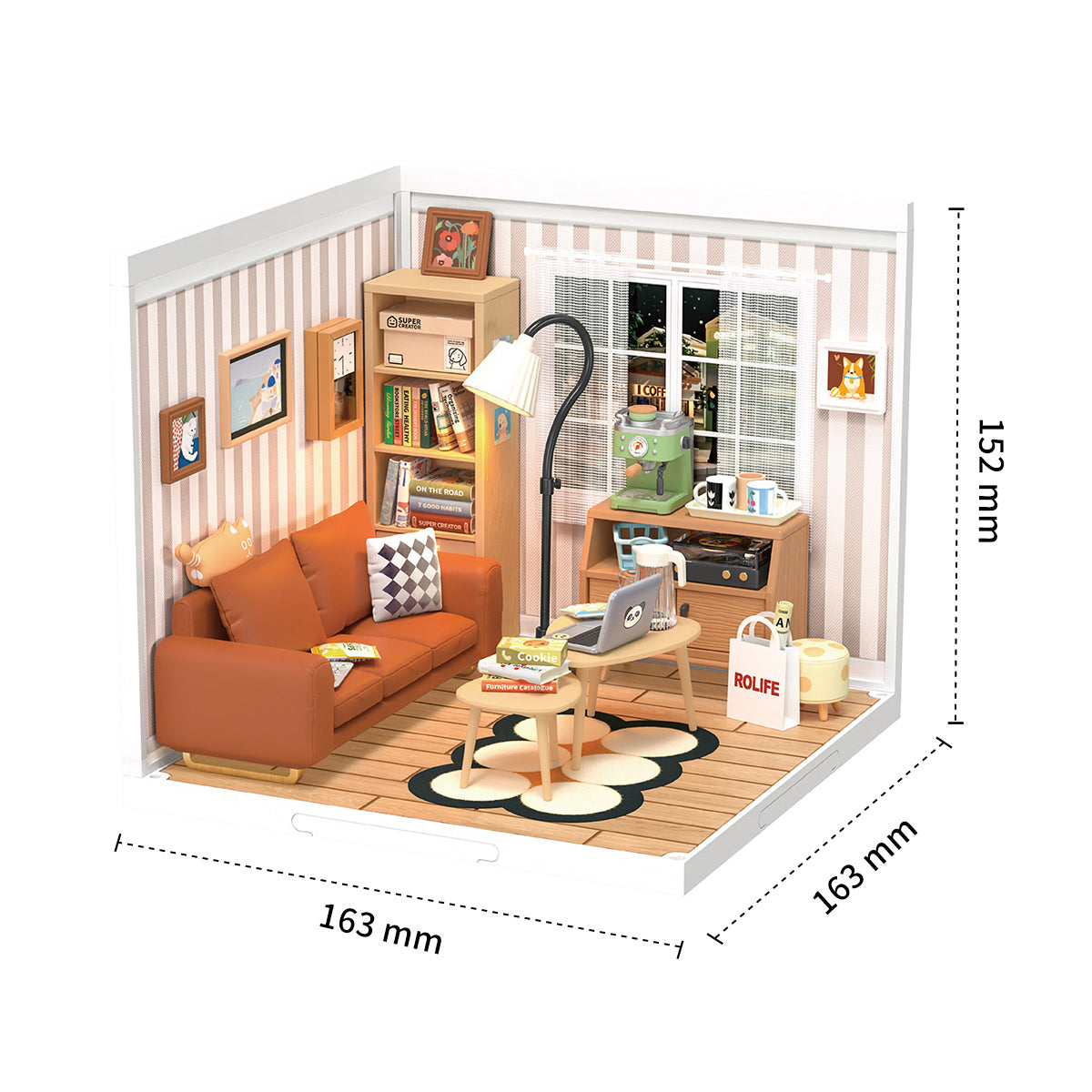 Miniatur Wohnzimmer Modellbausatz mit Sofa Regal Lampe und Kaffeemaschine inklusive Maßangaben
