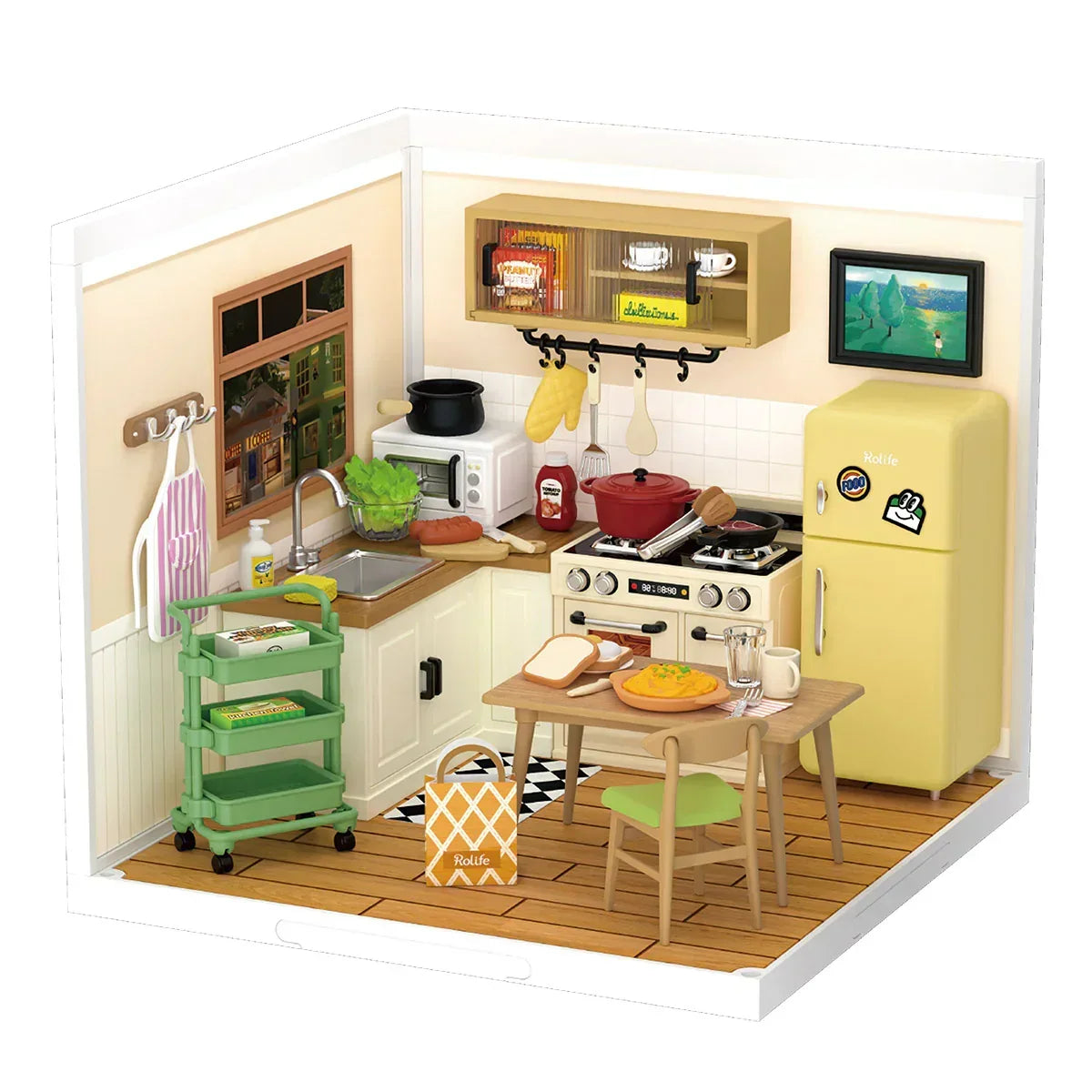 Miniaturmodell einer Küche mit Herd Kühlschrank Esstisch und Küchenutensilien