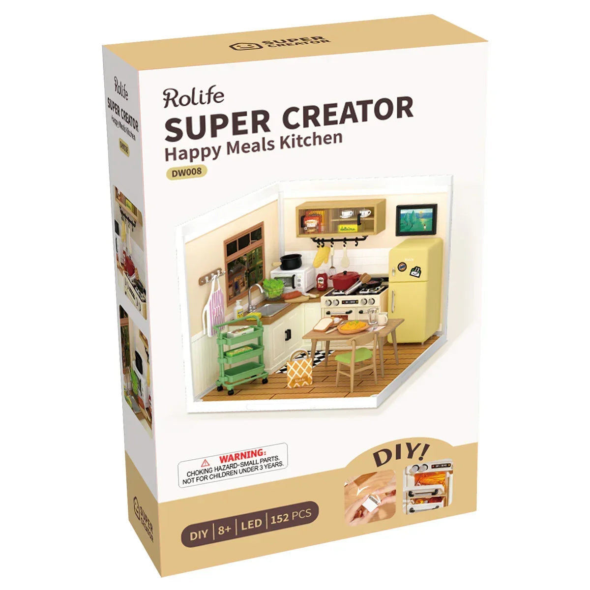 Verpackung des Rolife Super Creator Happy Meals Kitchen DIY Miniaturbausatzes mit abgebildeter Modellküche