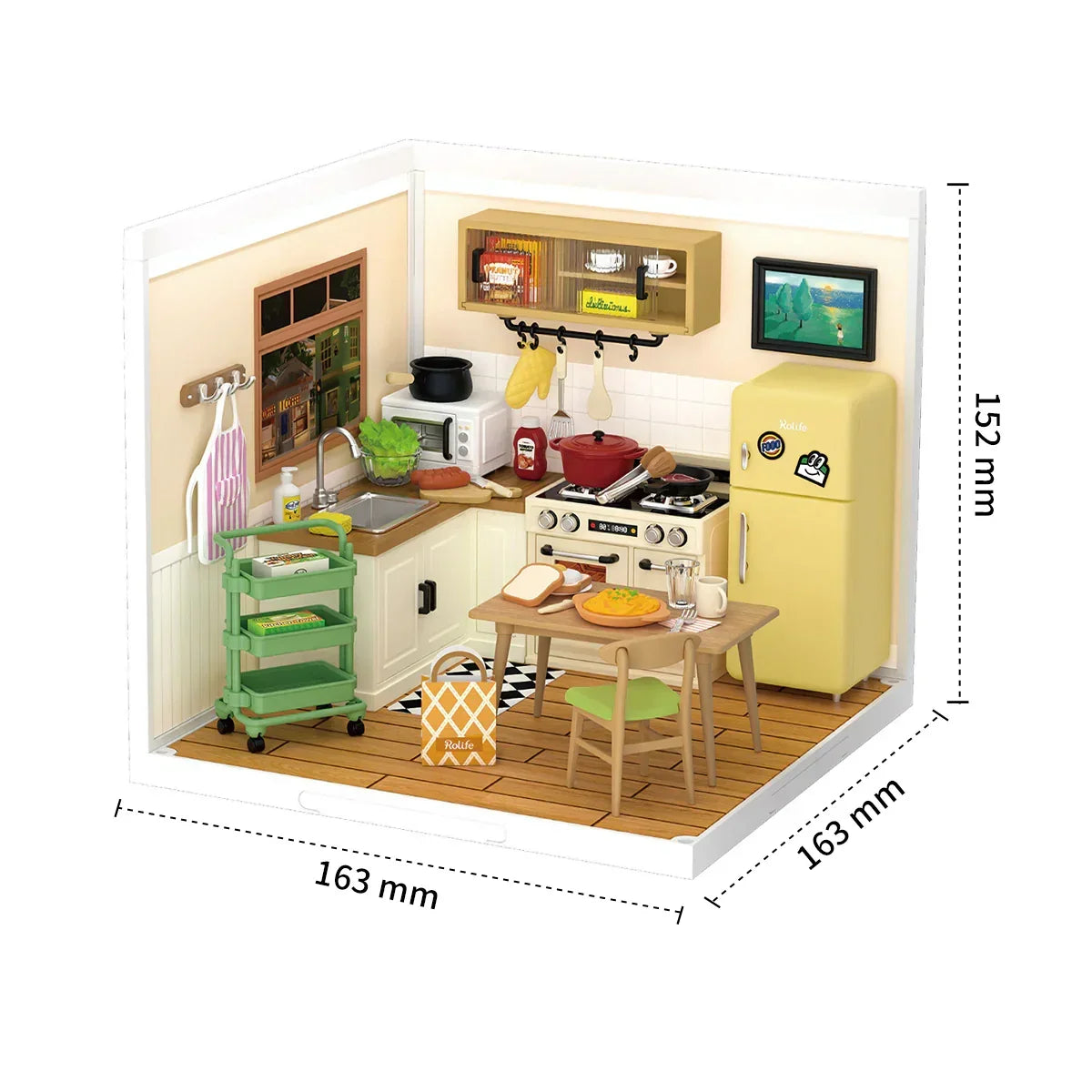 Miniaturmodell einer Küche mit Möbeln und Küchengeräten inklusive Maßangaben
