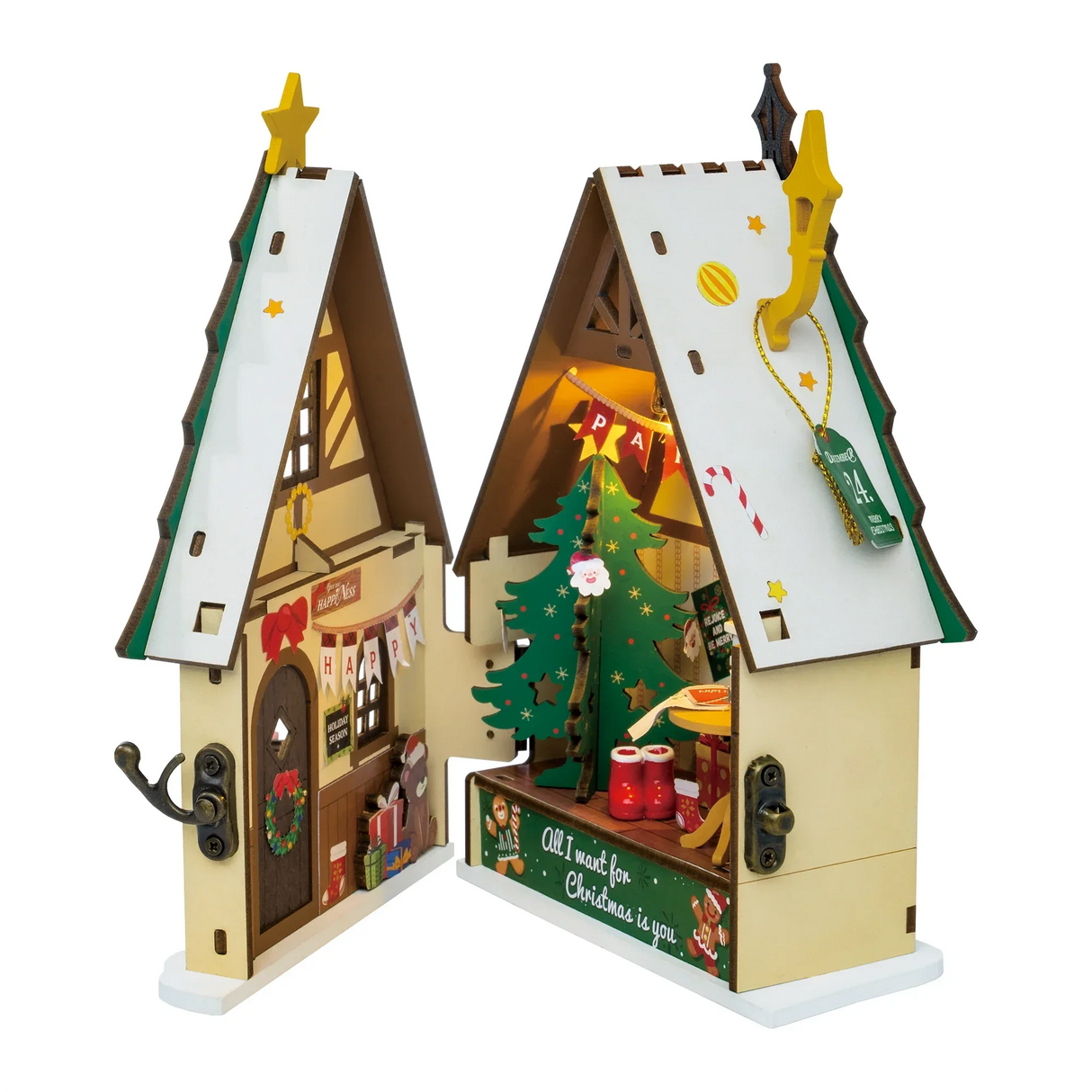 Weihnachtliches Holzhaus mit zwei Hälften, die sich öffnen lassen, um eine festliche Szene zu zeigen