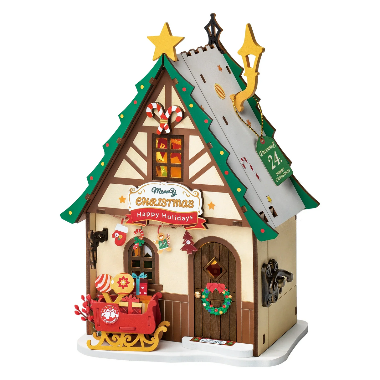 Weihnachtliches Holzhaus mit Sternen, Zuckerstangen und einem Schlitten voller Geschenke