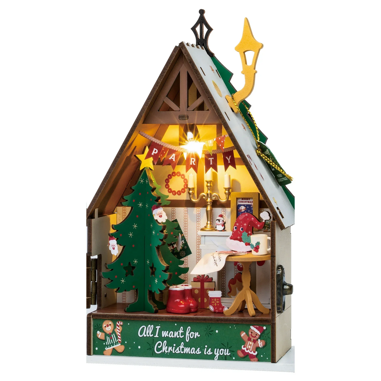 Weihnachtliches Puppenhaus mit beleuchtetem Interieur, Weihnachtsbaum, Kerzenständer und Dekorationen