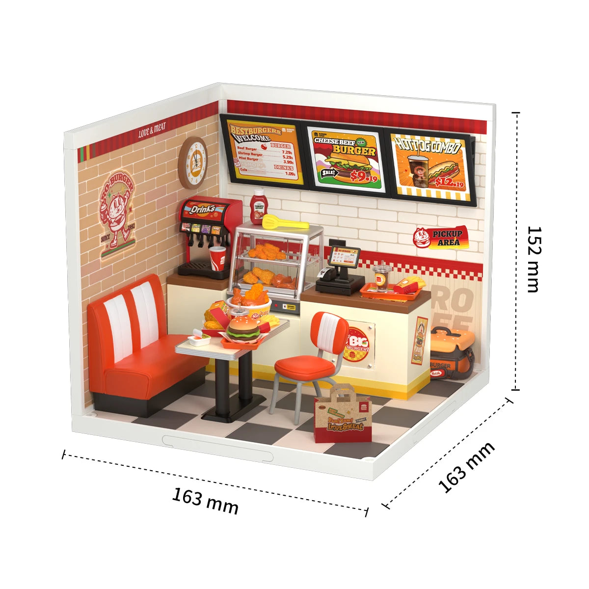Miniatur-Fast-Food-Restaurant-Diorama mit Tischen, Stühlen, Theke und Menütafeln