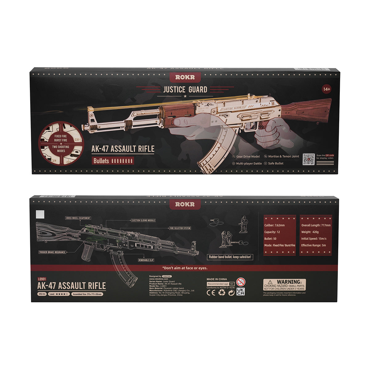 Verpackung eines Rokr AK-47 Holzmodellbausatzes mit Produktabbildungen und technischen Daten