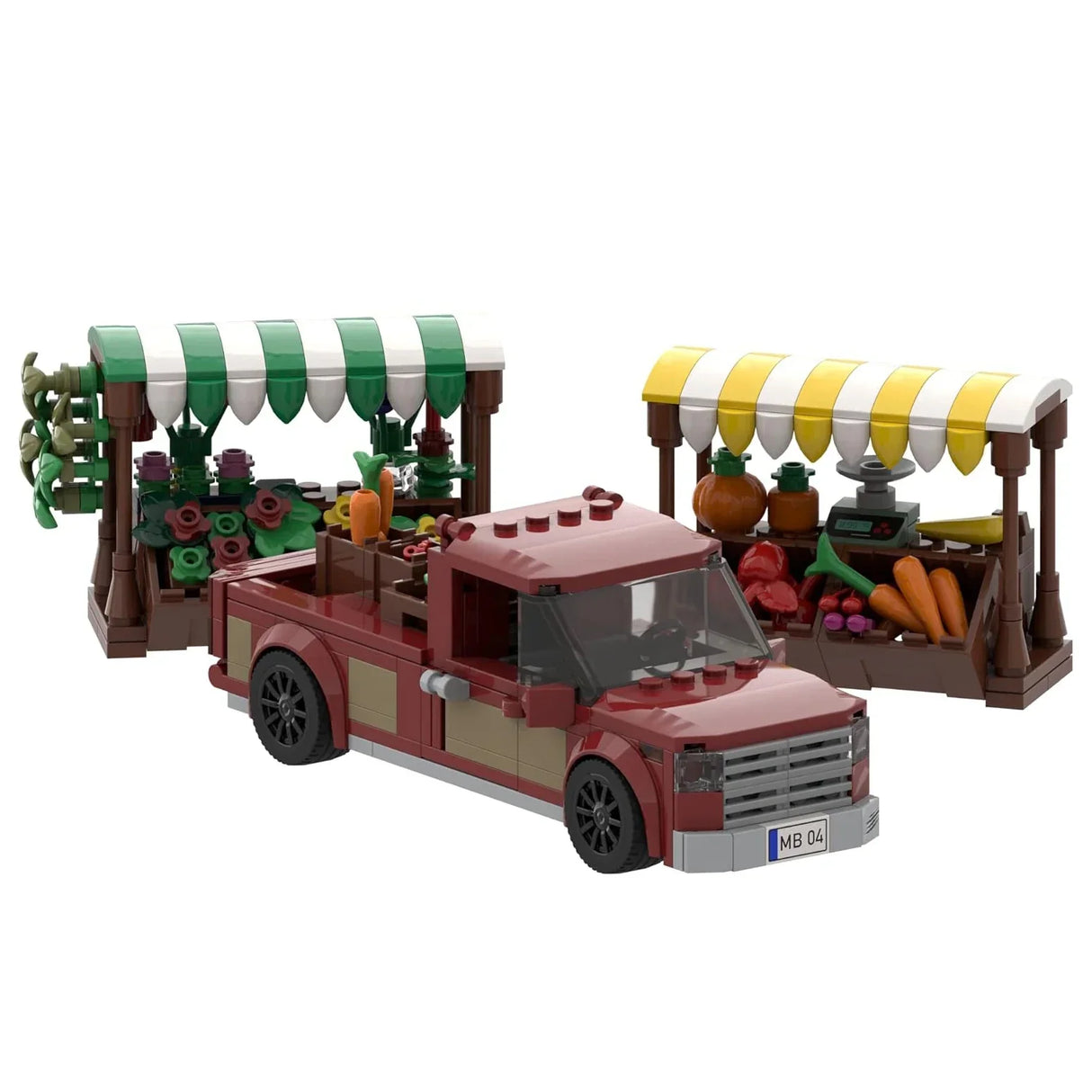 Roter Pickup-Truck aus Legosteinen mit zwei Marktständen voller Gemüse