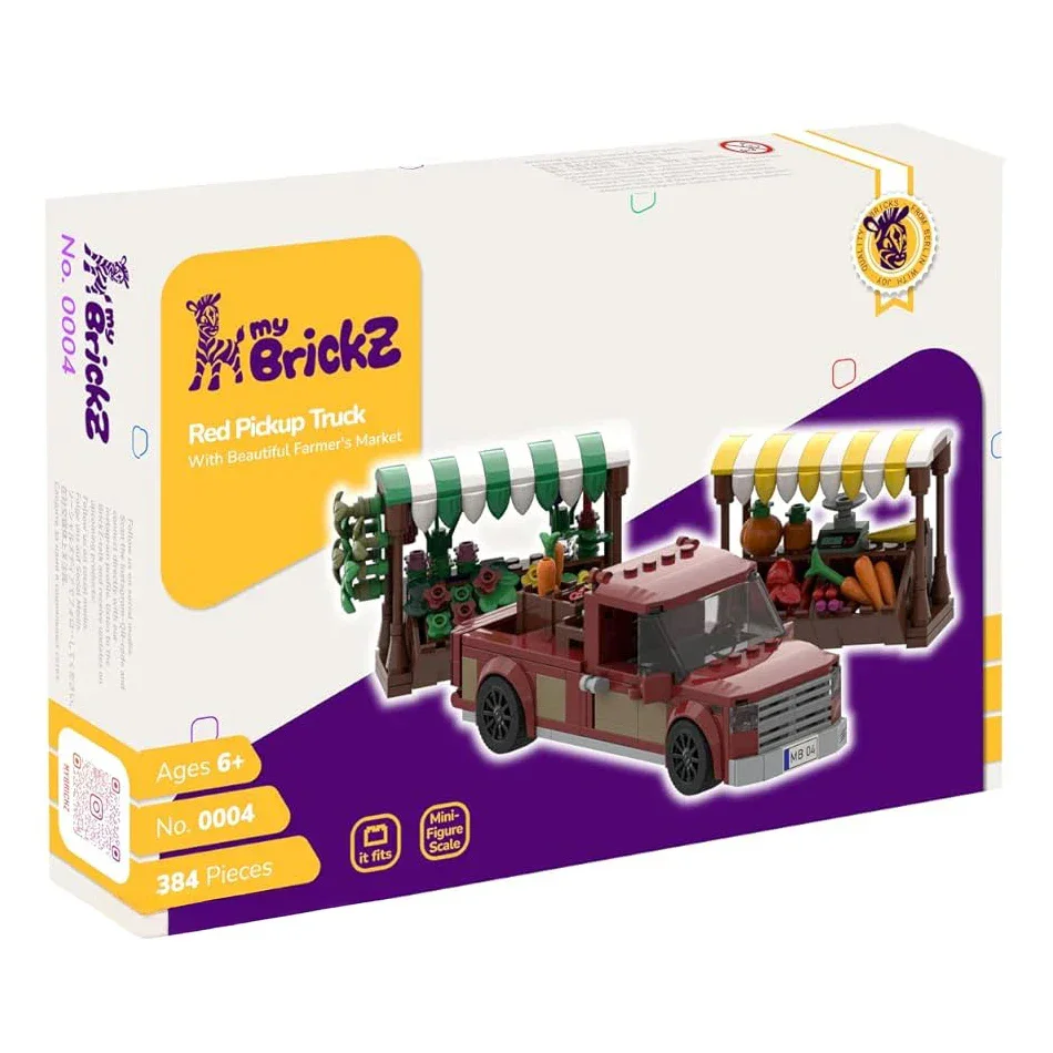 My Brickz Bausatz Roter Pickup Truck mit Bauernmarkt