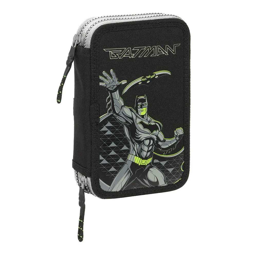 Schwarzes Federmäppchen mit Batman-Logo und Batman-Grafik in Grau und Neongrün