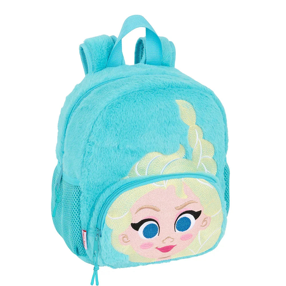 Türkisblauer Plüsch-Rucksack mit Elsa-Gesicht und blondem Haar auf der Vordertasche