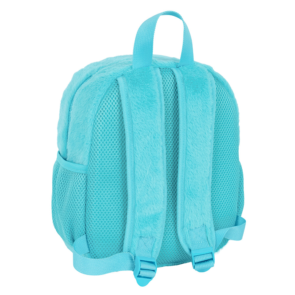 Rückseite eines flauschigen, türkisfarbenen Rucksacks mit verstellbaren Trägern und Netzstoff