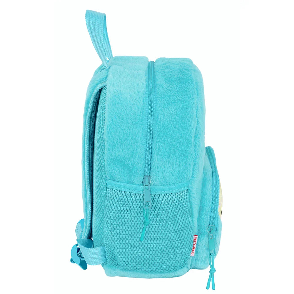 Türkisfarbener Plüsch-Rucksack mit Reißverschluss und Netztasche