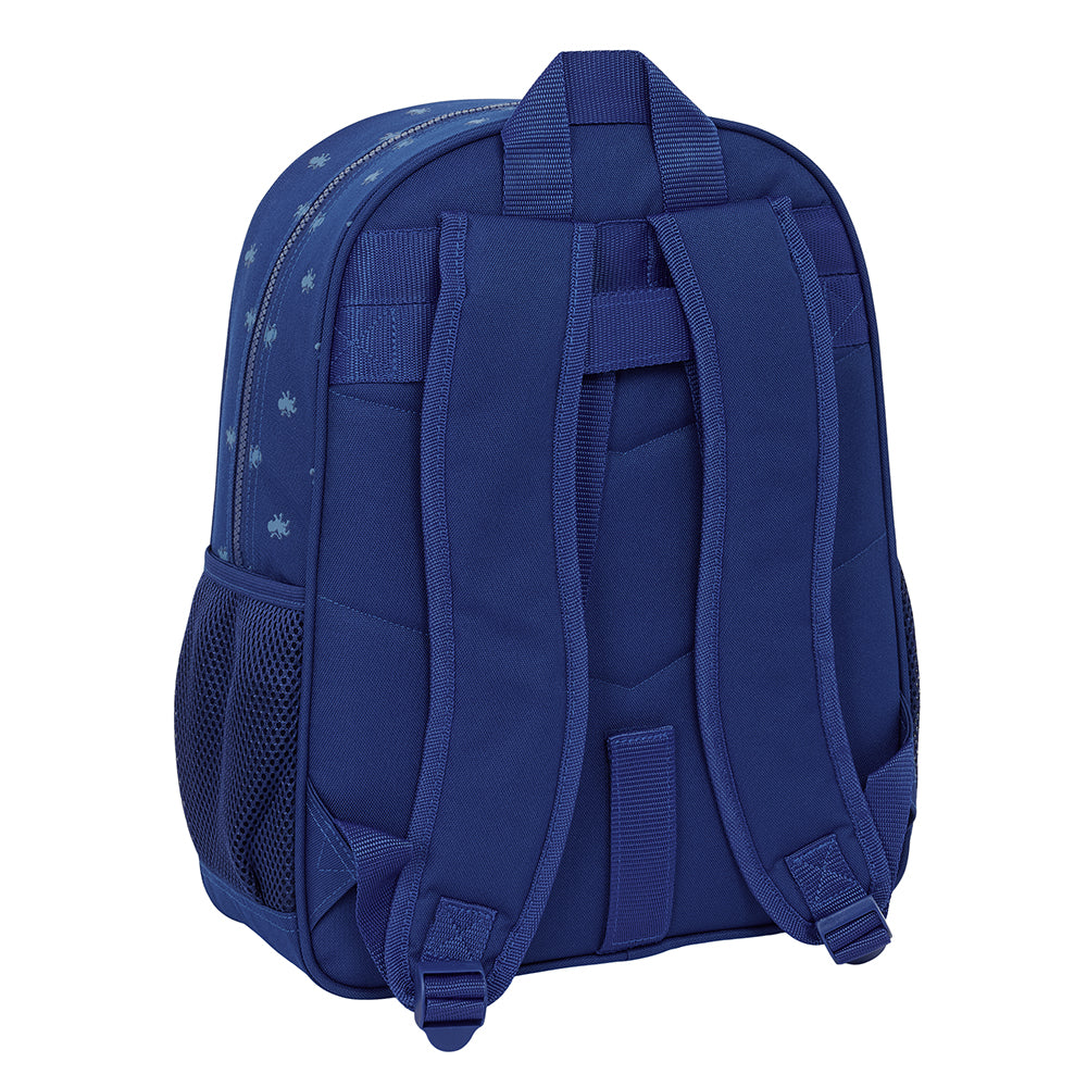 Rückansicht eines dunkelblauen Rucksacks mit verstellbaren Trägern und Netzseitentasche