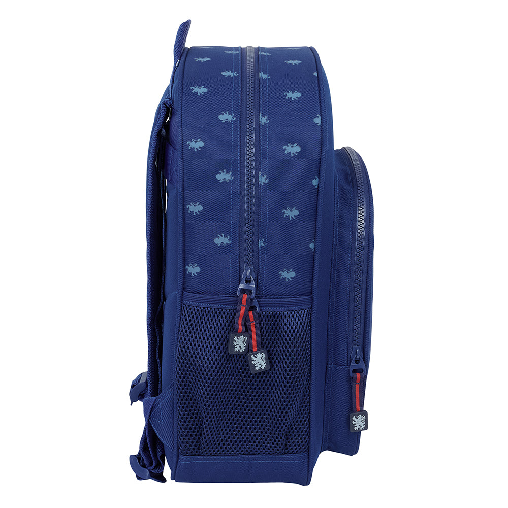 Blauer Rucksack mit Reißverschlüssen und Netztasche