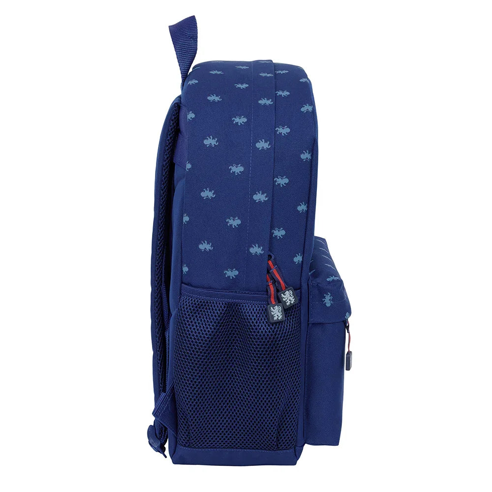 Dunkelblauer Rucksack mit hellblauen Käfern und seitlicher Netztasche