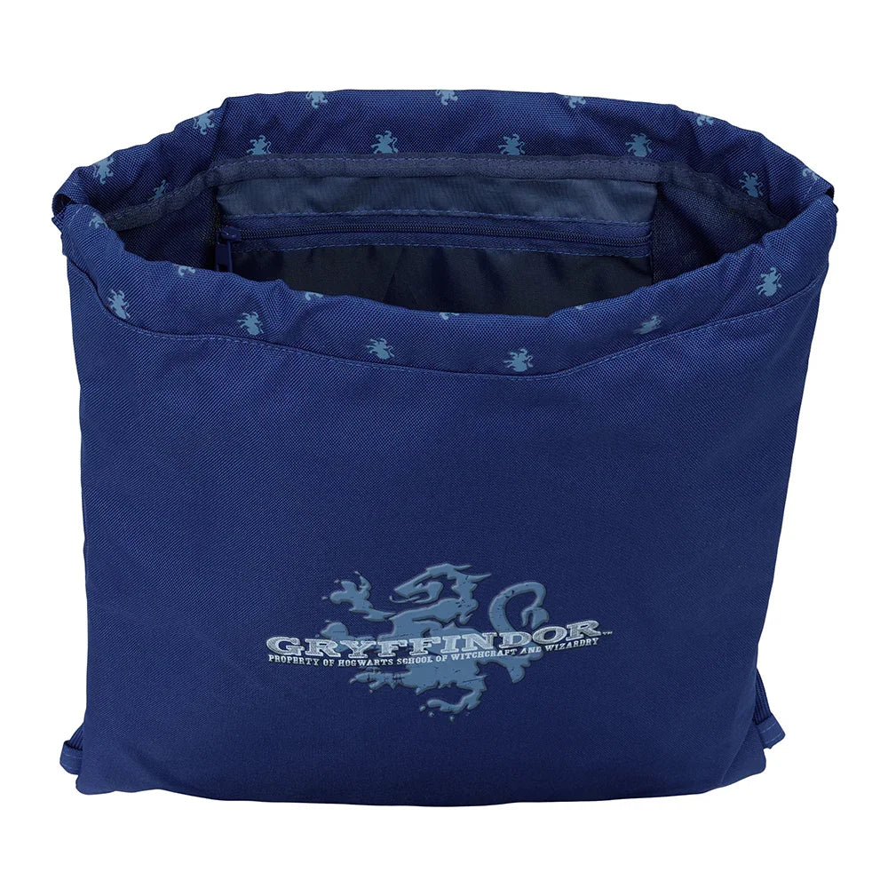 Blauer Turnbeutel mit Gryffindor-Logo und Schriftzug