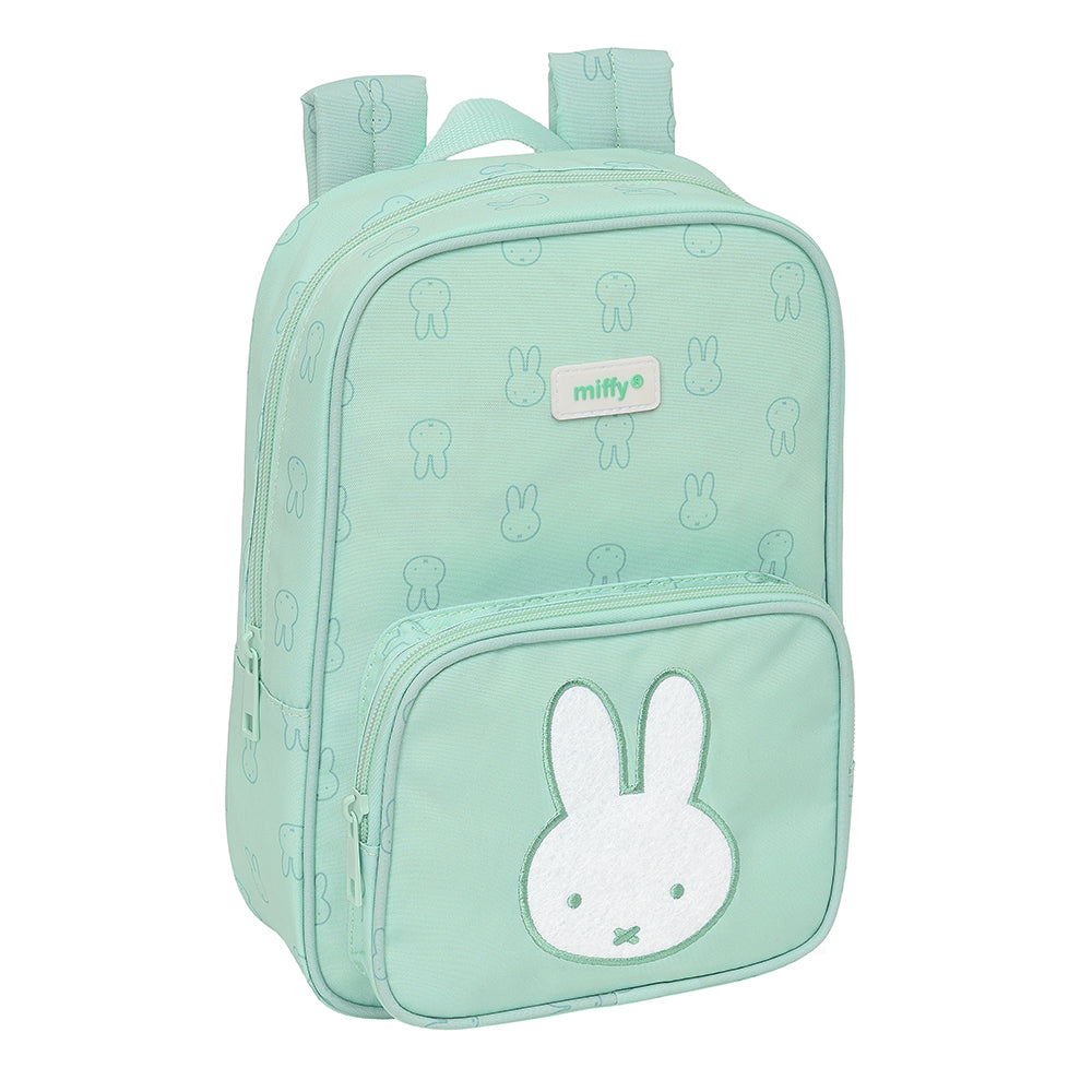 Miffy Rucksack in Mintgrün mit Hasenmuster und großem Miffy-Gesicht auf der Vordertasche