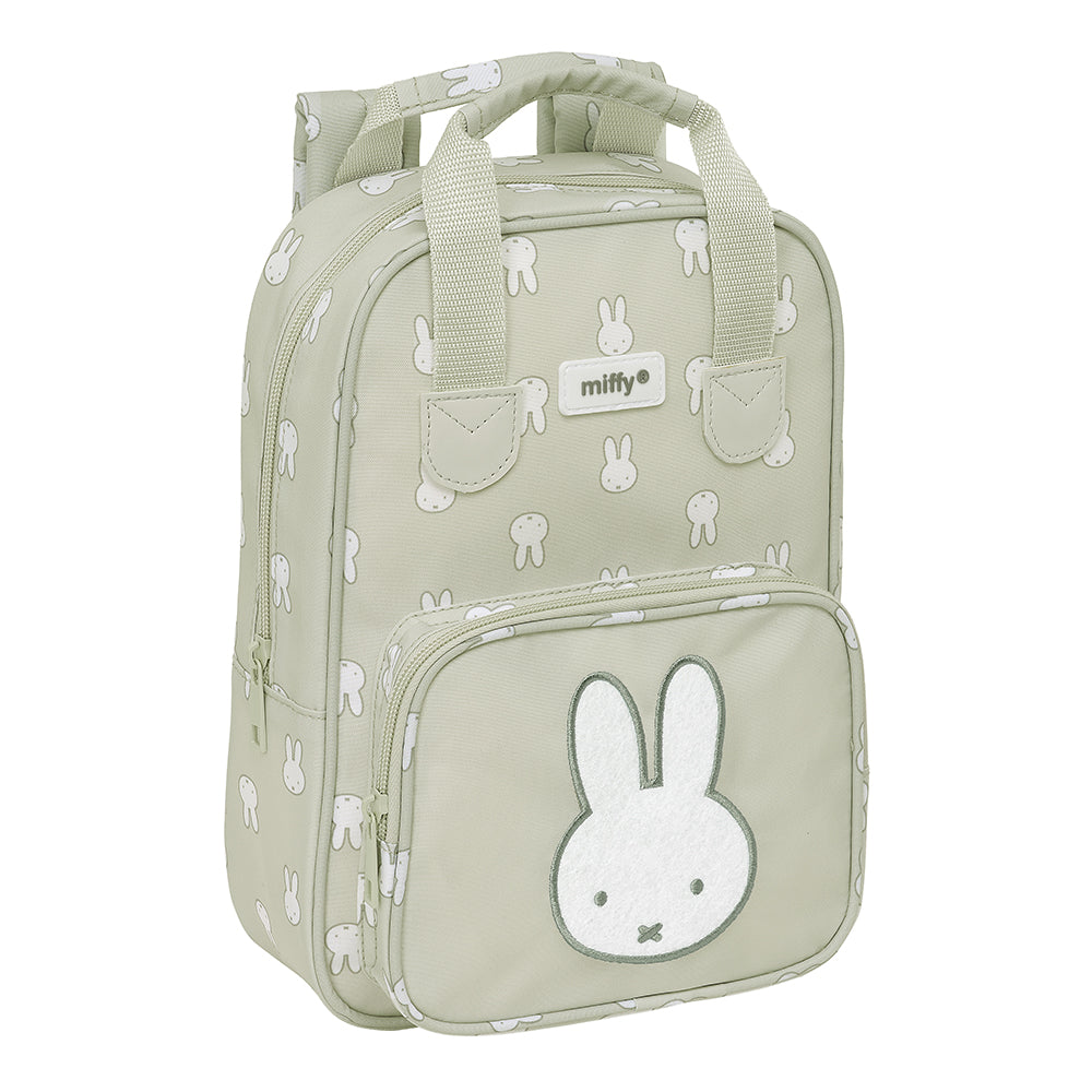 Grüner Miffy Rucksack mit Hasenmuster und großem Hasengesicht auf der Vordertasche