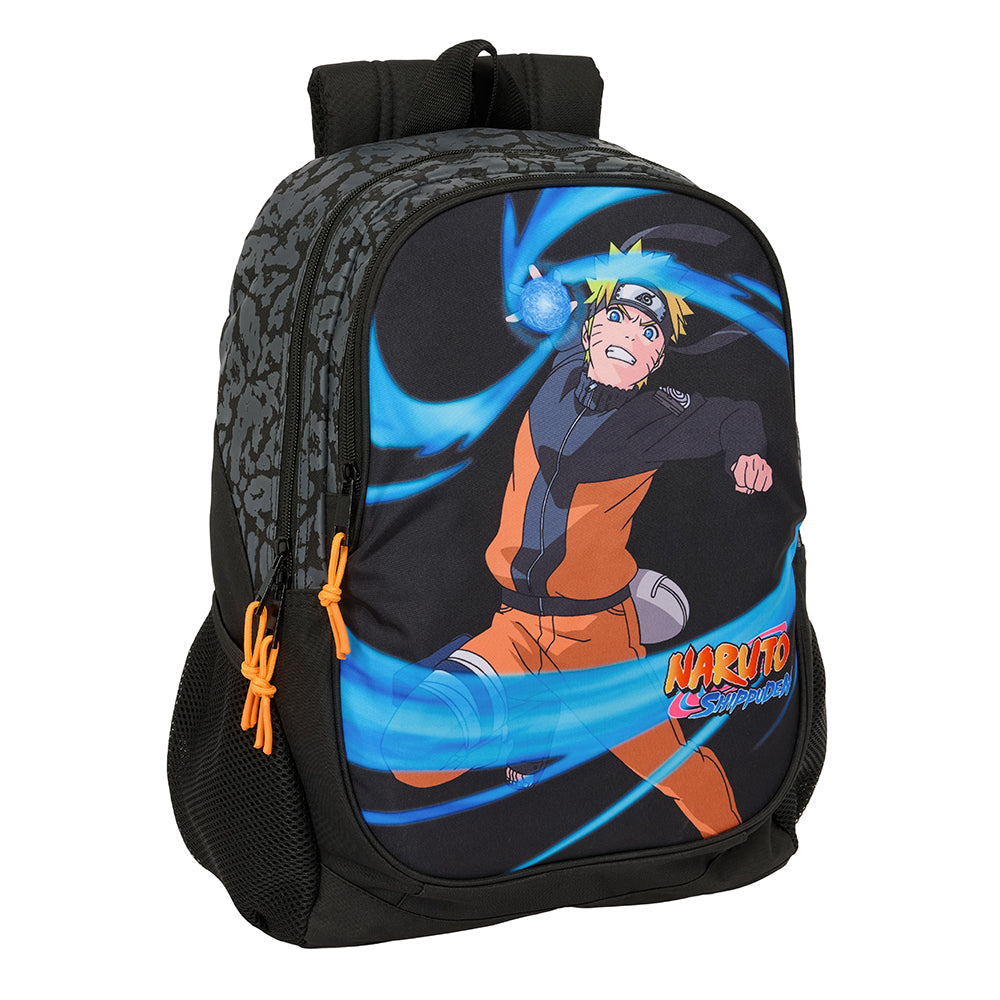 Schwarzer Rucksack mit Naruto-Druck, der einen blauen Energieball hält