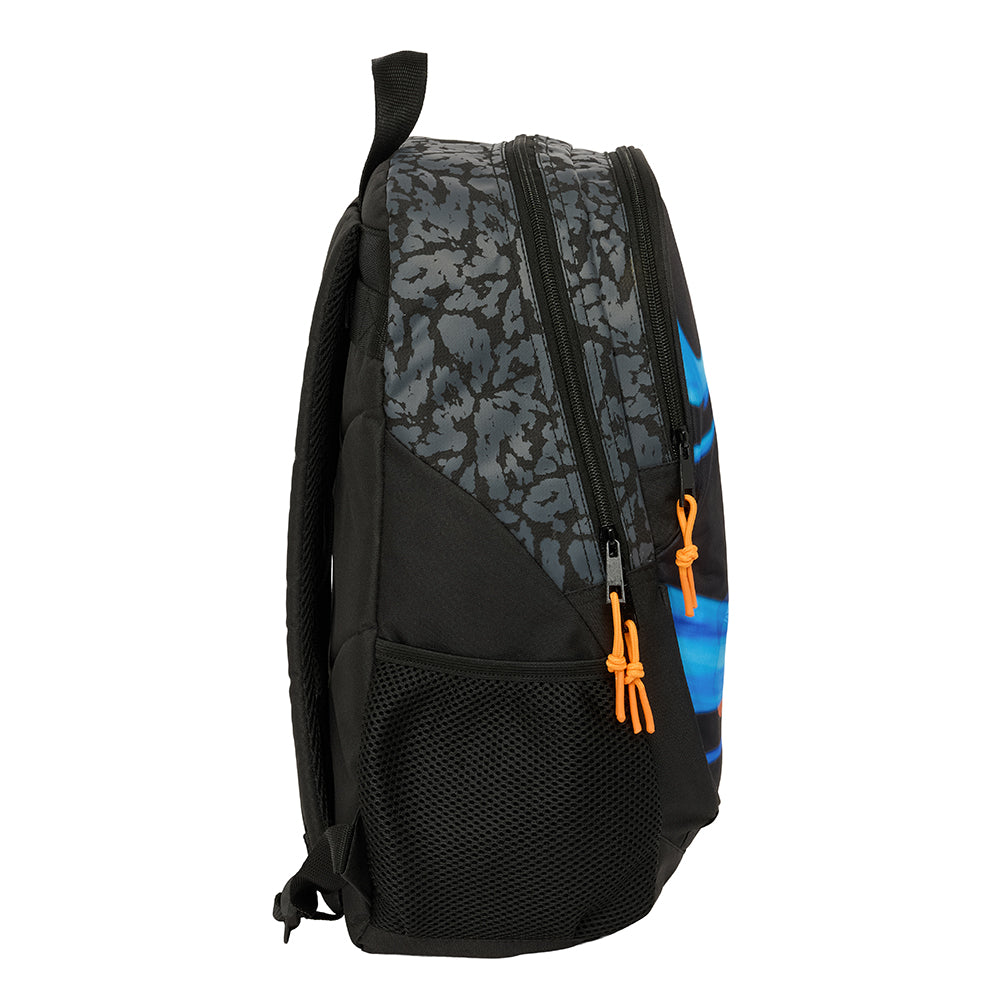 Schwarzer Rucksack mit blauen Akzenten und grauen Mustern, Seitenansicht