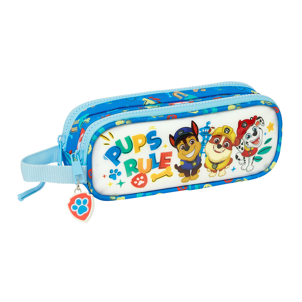 Blaues Federmäppchen mit Paw Patrol Figuren und Pups Rule Aufschrift