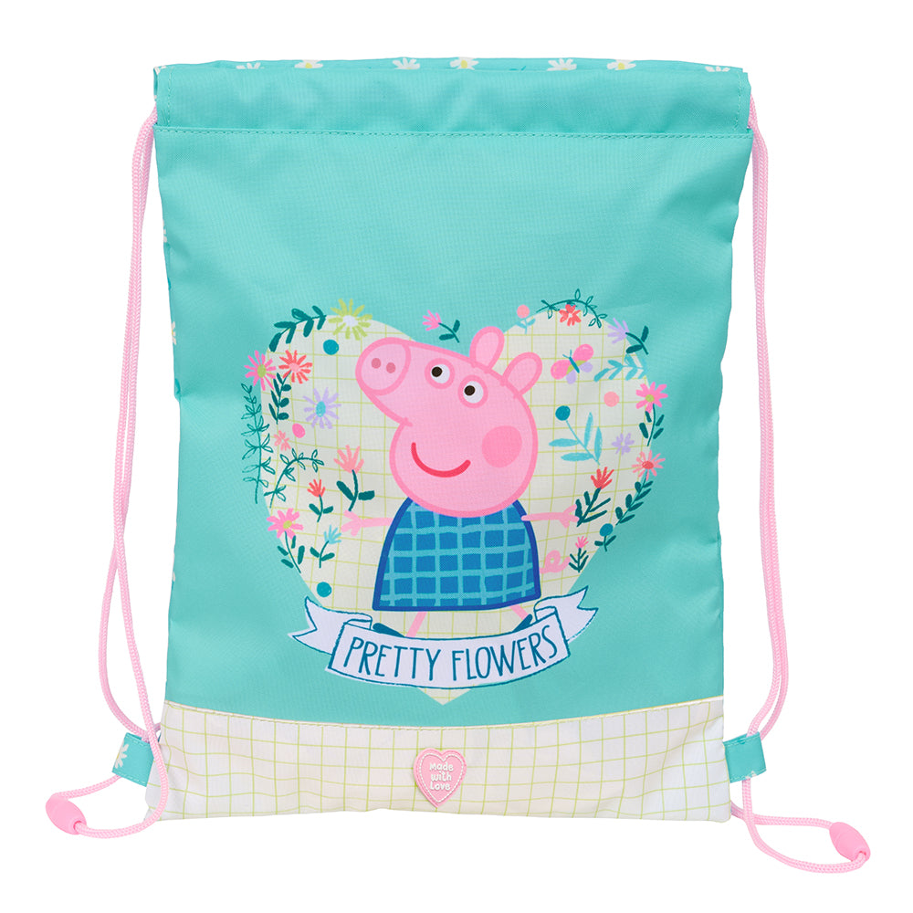 Turnbeutel mit Peppa Wutz und Blumenkranz, Schriftzug Pretty Flowers