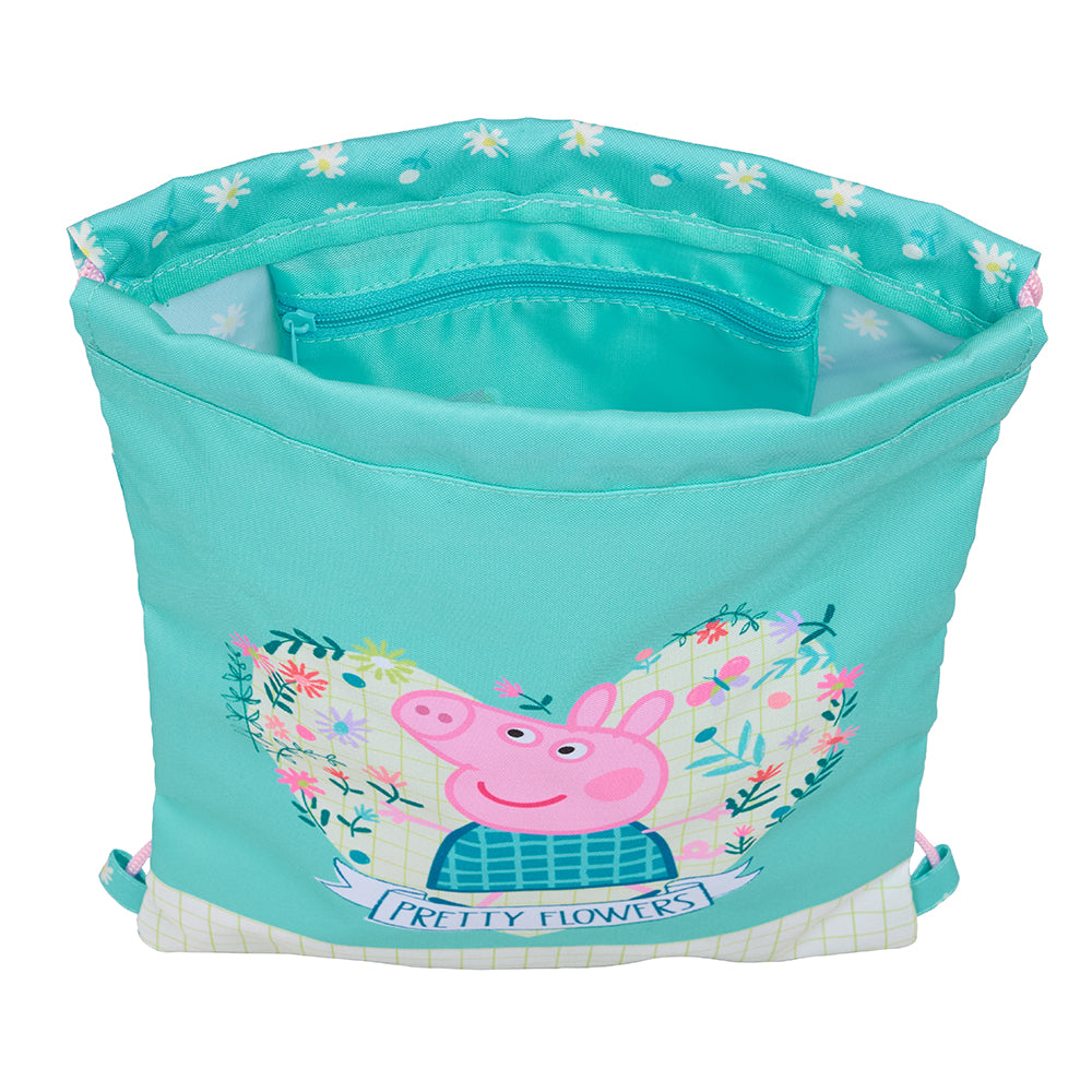 Peppa Wutz Turnbeutel mit Blumenherz und Schriftzug Pretty Flowers