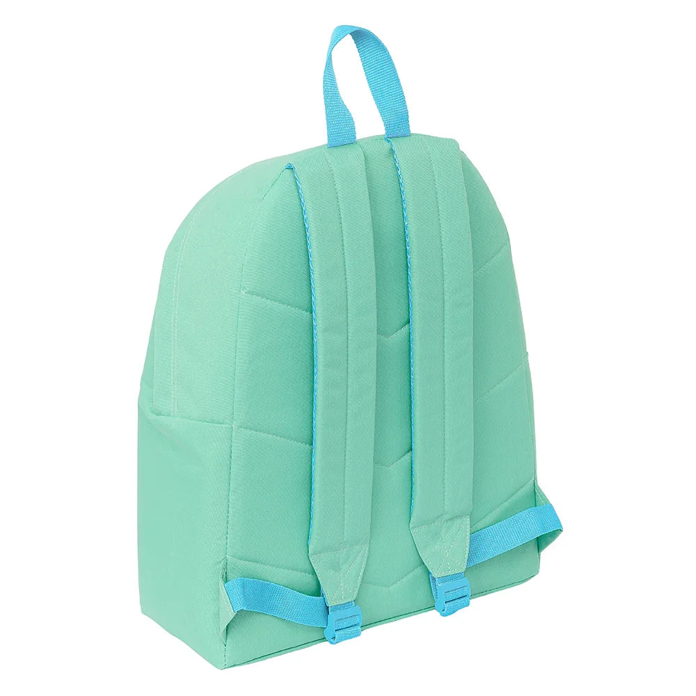 Rückseite eines mintgrünen Rucksacks mit hellblauen Trägern und Griff