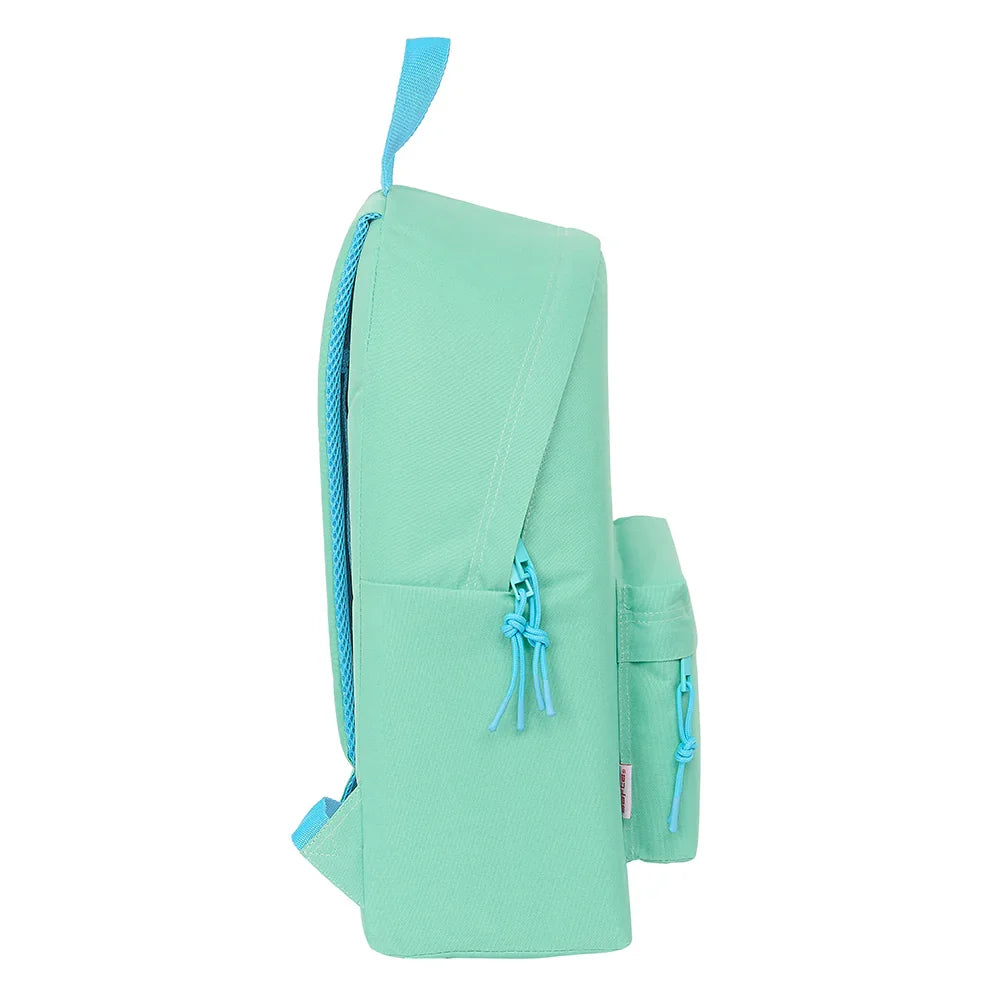 Hellgrüner Rucksack mit blauen Reißverschlüssen und Trägern, Seitenansicht