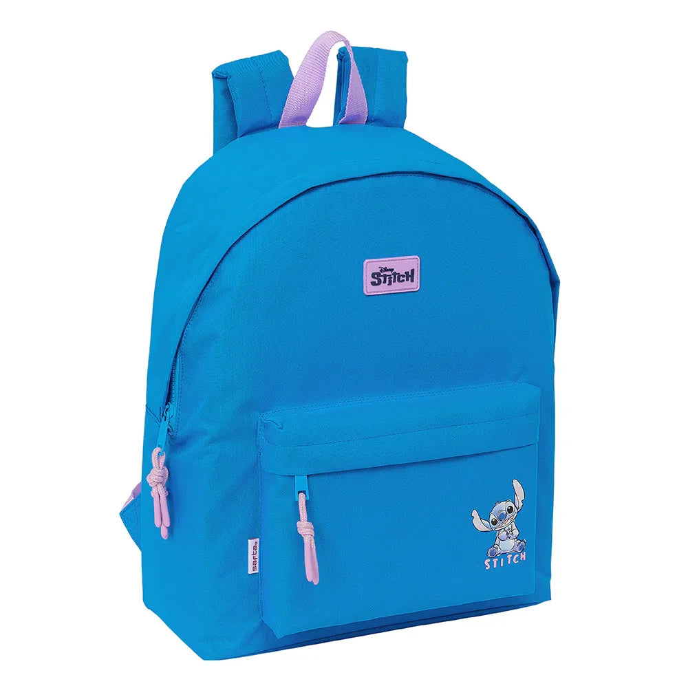 Blauer Rucksack mit Stitch-Motiv und lila Trägern