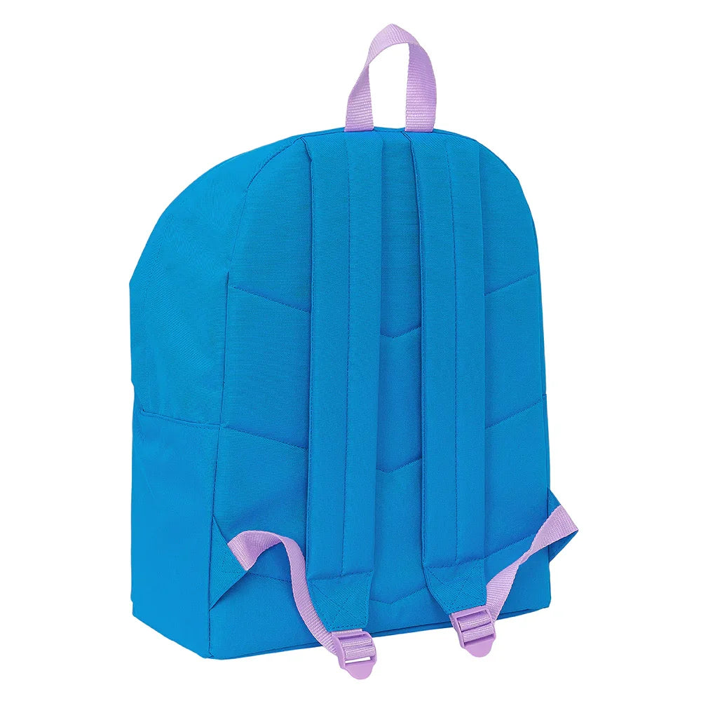 Blauer Rucksack mit lila Trägern und Griff
