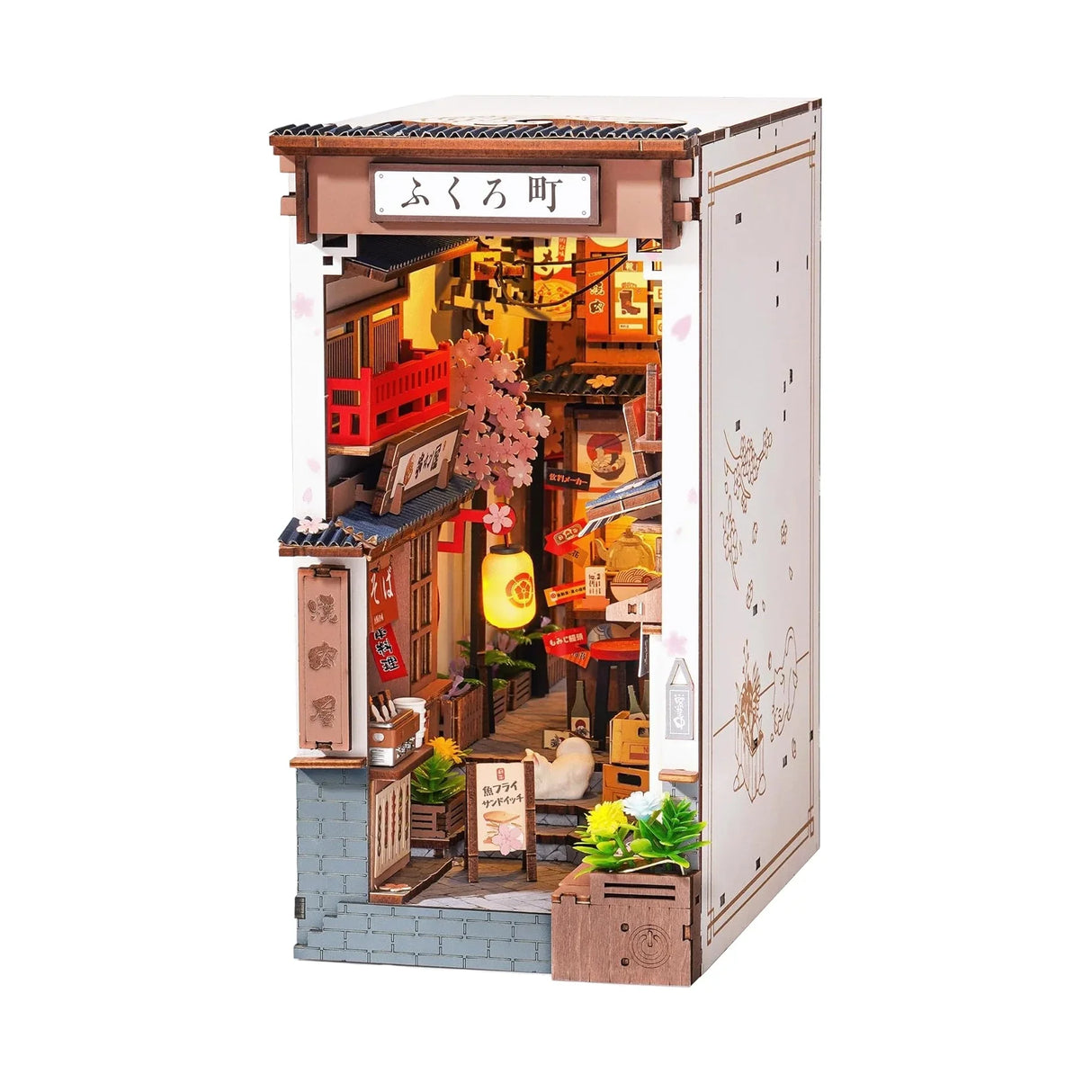 Miniatur-Diorama einer japanischen Gasse mit Geschäften, Laternen und Kirschblüten