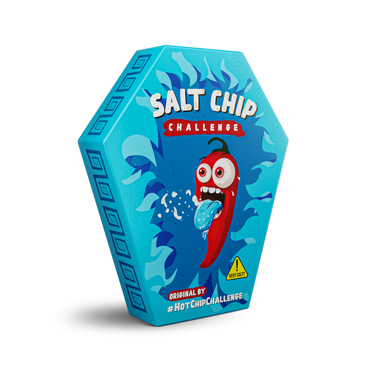 Salt Chip Challenge Verpackung mit roter Chilischote und blauer Zunge