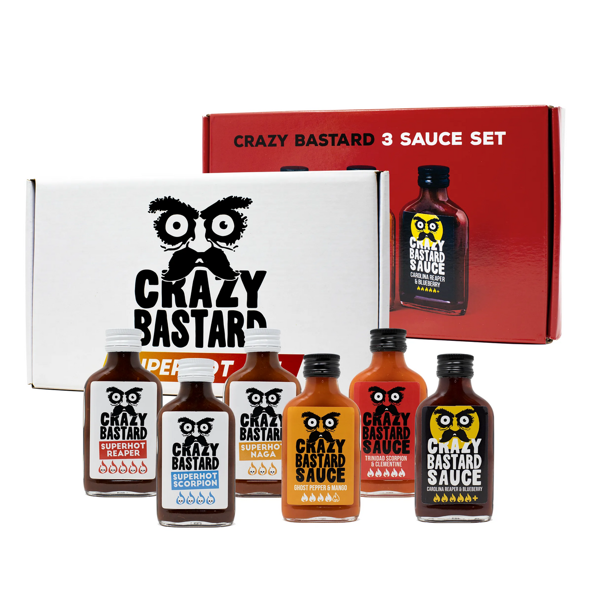 Crazy Bastard 3 Saucen Set mit 6 Flaschen und einer Geschenkbox