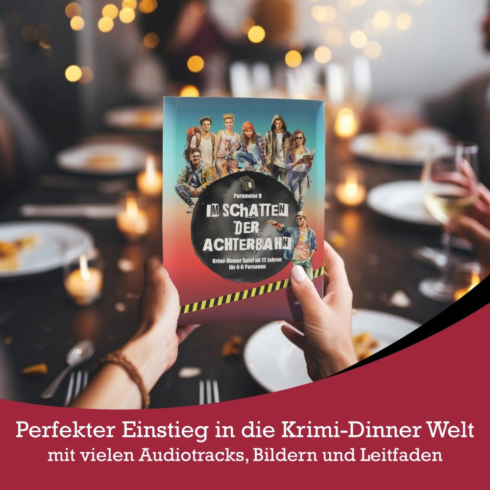 Hände halten ein Krimi-Dinner-Spielbuch mit dem Titel Im Schatten der Achterbahn