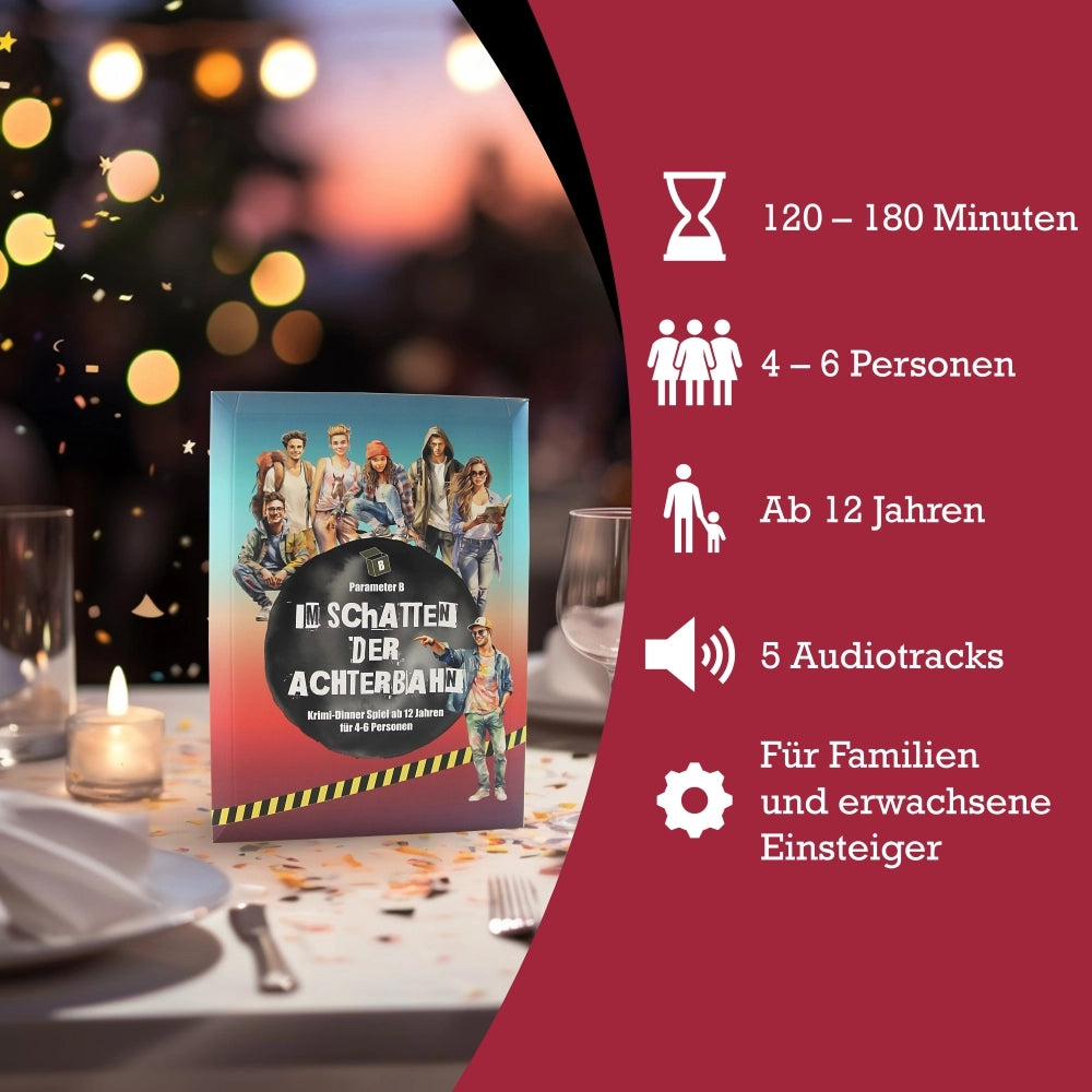 Krimi-Dinner Spielbox auf Tisch mit Kerze und Weinglas, daneben Spielinformationen