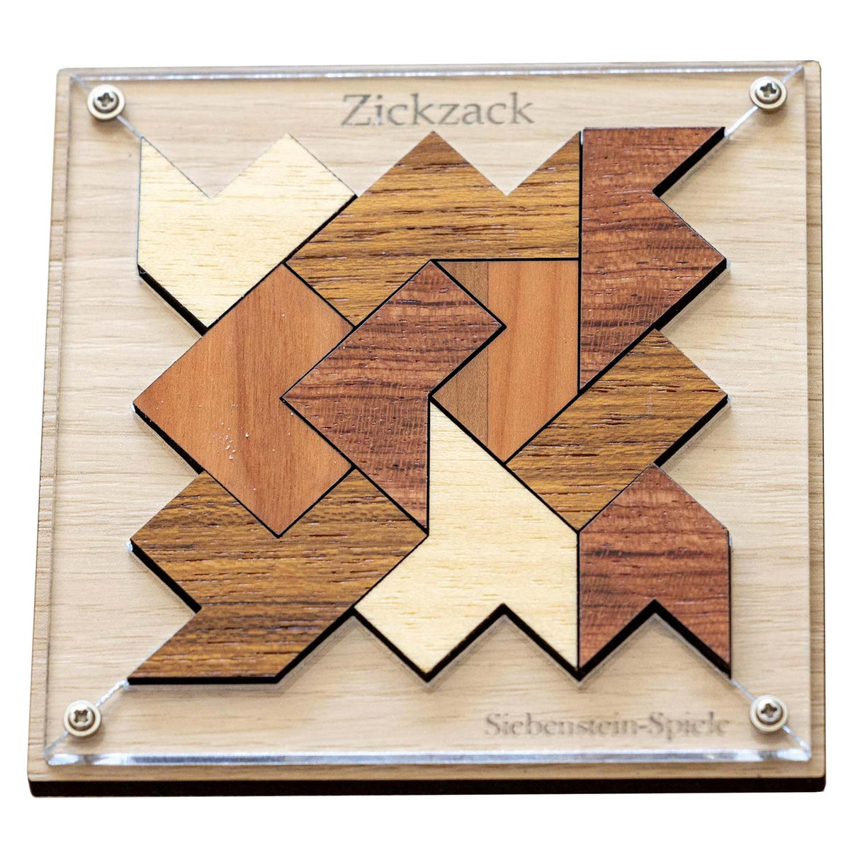 Holzlegepuzzle Zickzack mit geometrischen Teilen in einem quadratischen Rahmen