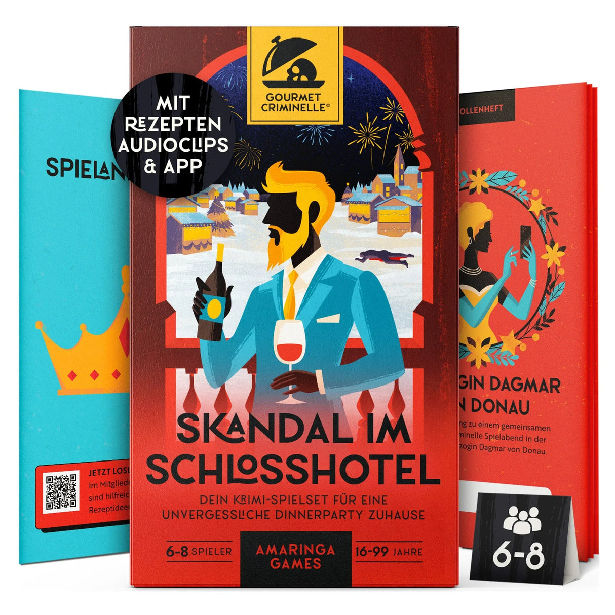 Krimispiel Skandal im Schlosshotel mit Spielmaterial und Informationen zu Spieleranzahl und Altersempfehlung