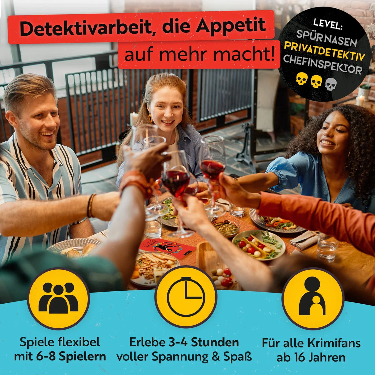 Gruppe von Menschen beim Anstoßen mit Weingläsern an einem gedeckten Tisch mit Krimispiel Informationen