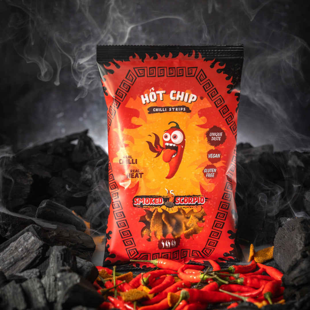 Hot Chip Chilli Strips Packung mit Kohle und Chilischoten