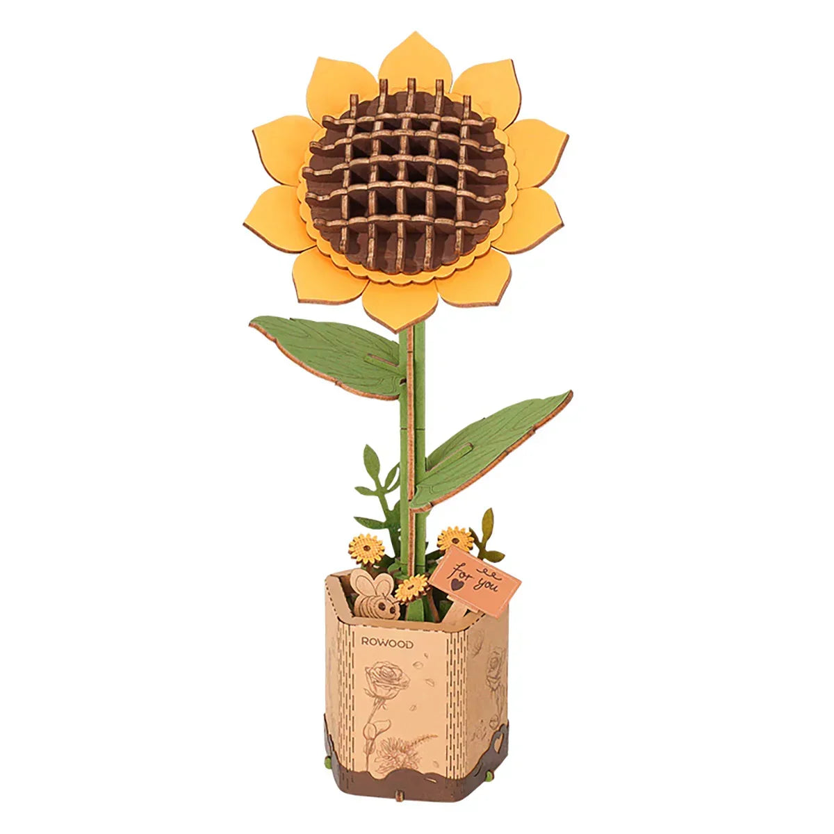 Holzbausatz einer Sonnenblume in einem Blumentopf mit For you Schild