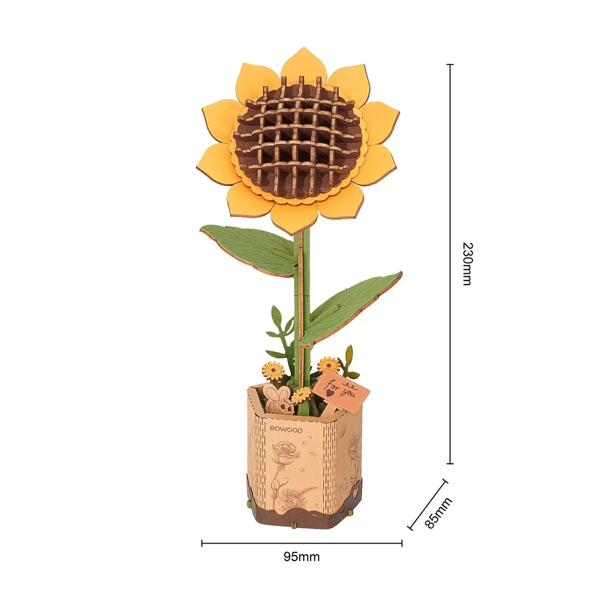 Holzbausatz einer Sonnenblume im Topf mit Maßangaben