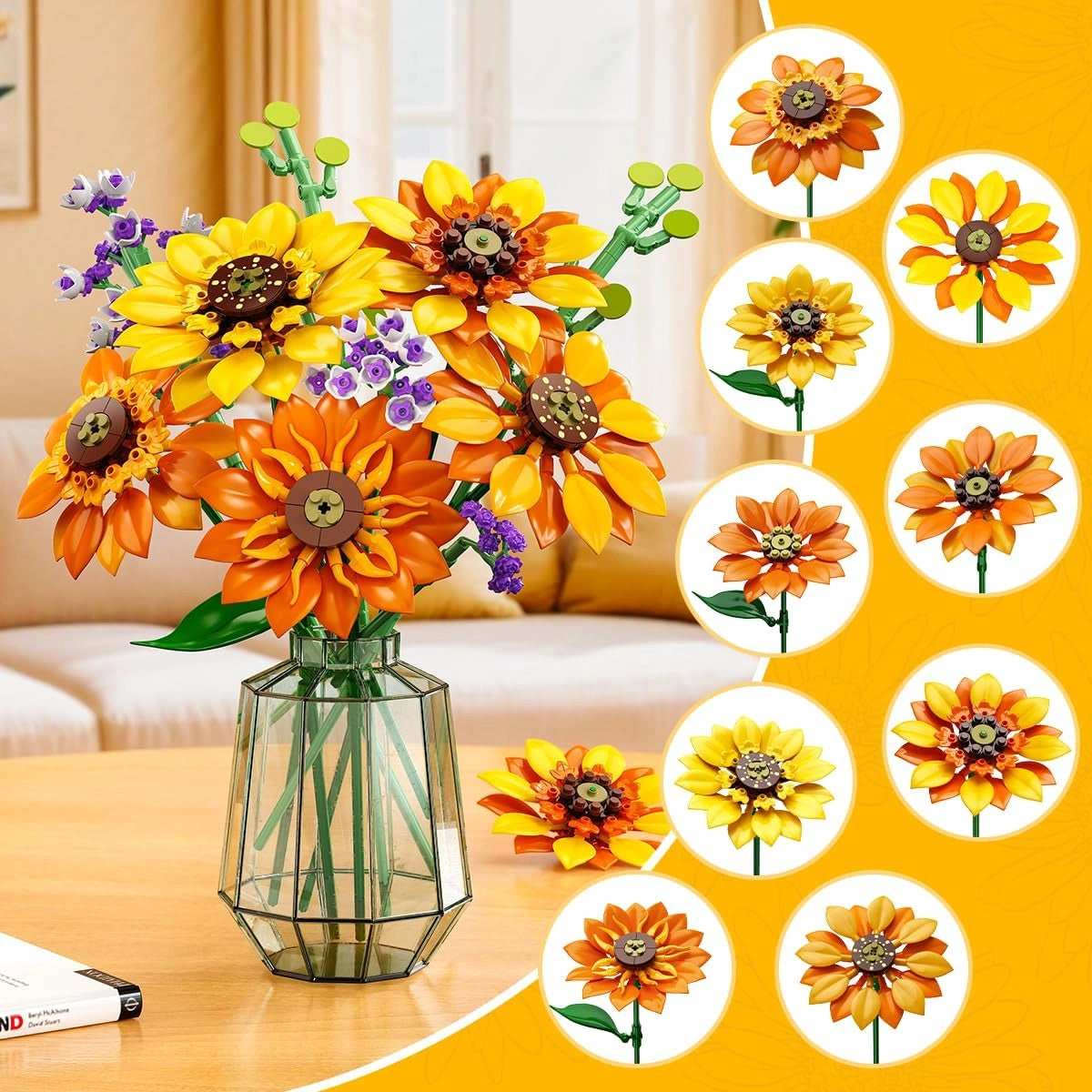 Ein Blumenstrauß aus orangefarbenen und gelben Lego-Sonnenblumen in einer Glasvase auf einem Holztisch
