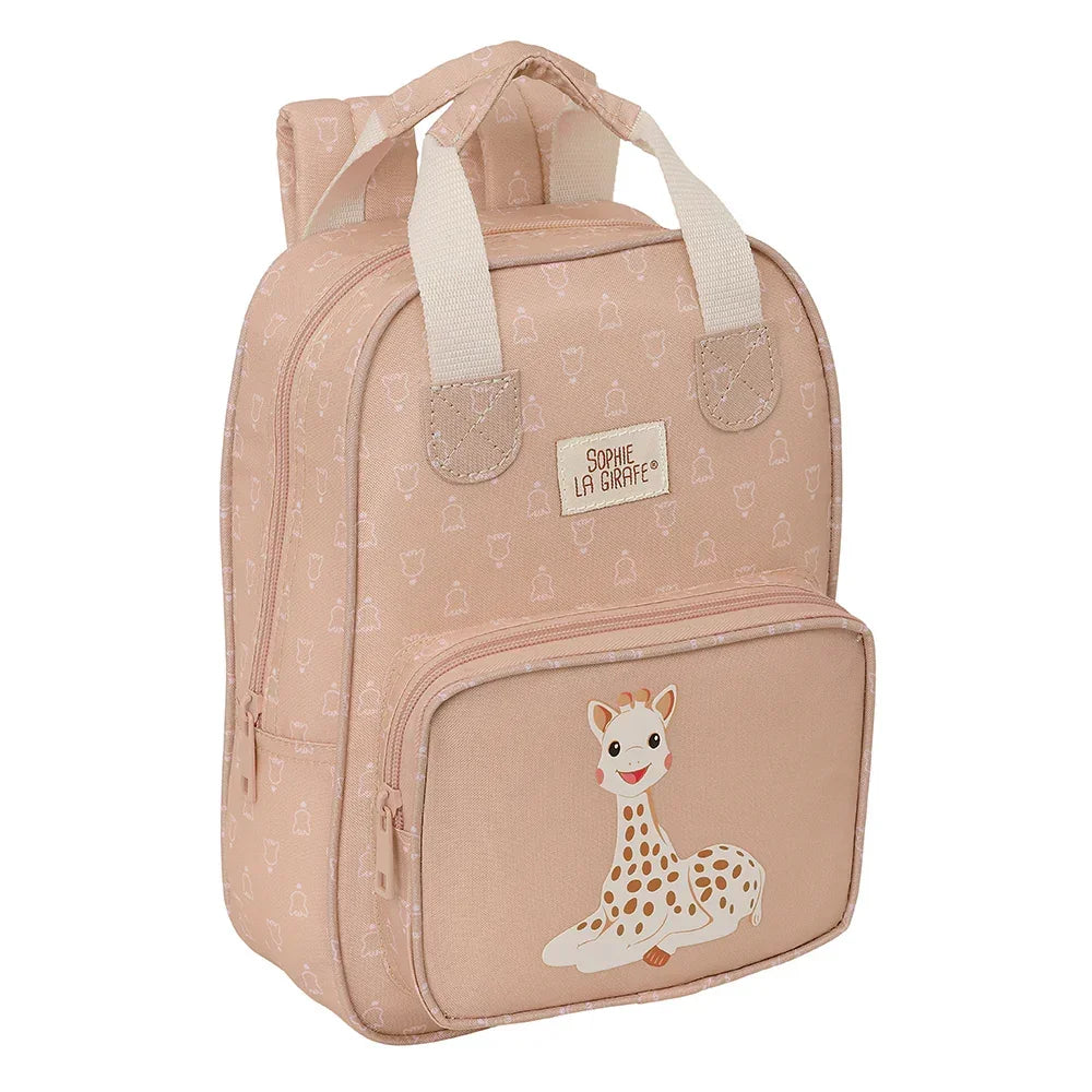 Rosa Kinderrucksack mit Sophie la Girafe Motiv und Tragegriffen