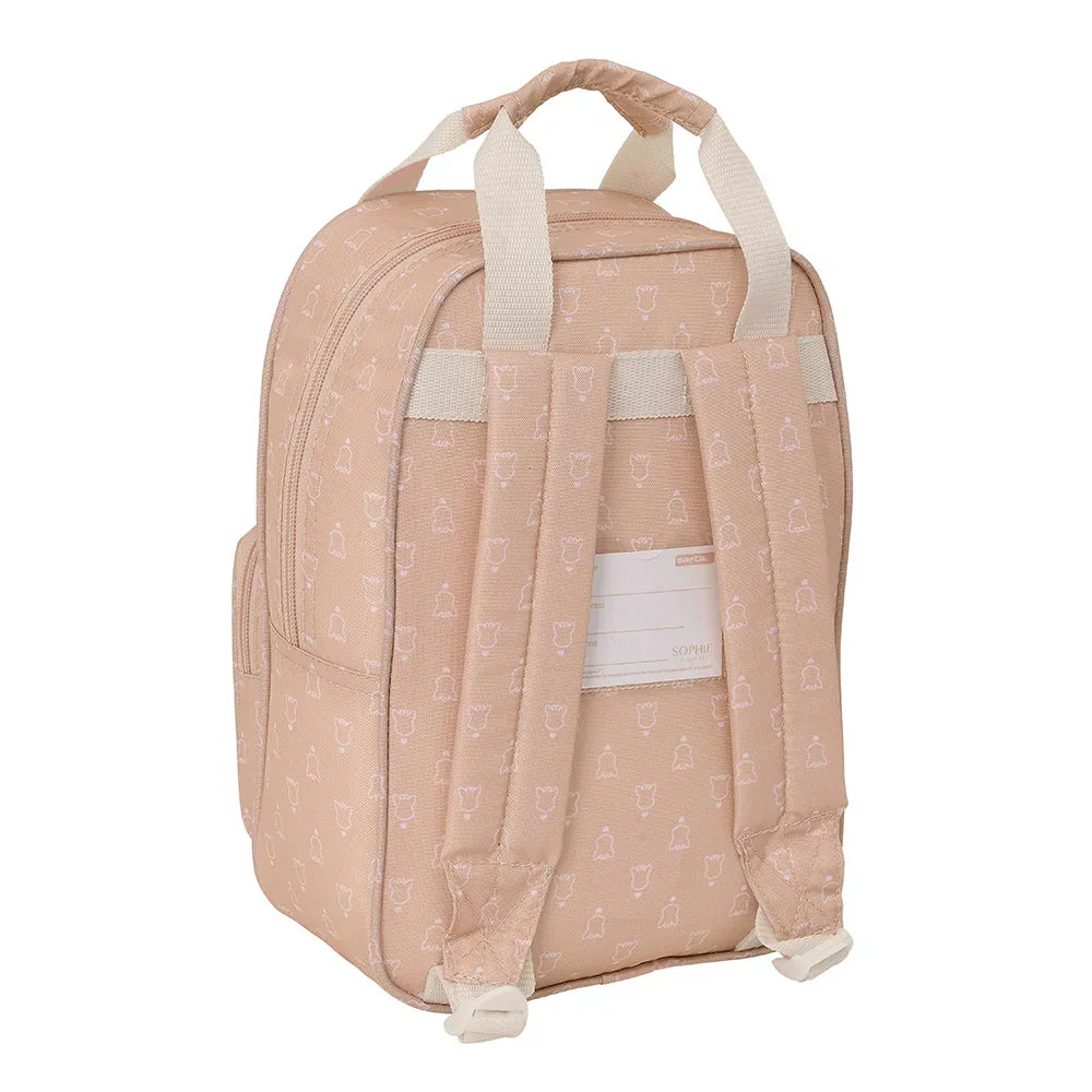 Rosa Rucksack mit hellem Muster und Namensschild auf der Rückseite