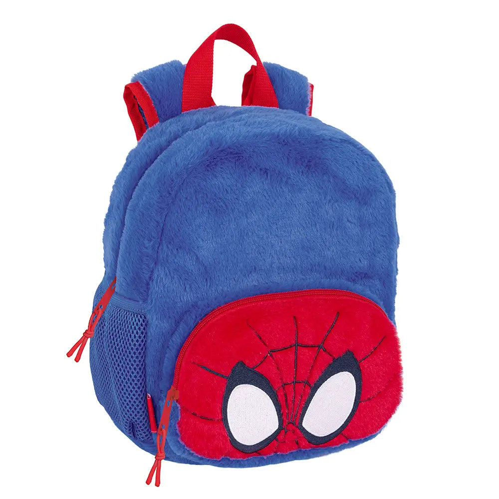 Blauer Plüschrucksack mit Spiderman-Gesicht auf der Vordertasche