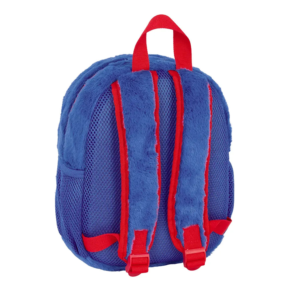 Rückseite des blauen Plüschrucksacks mit roten Trägern und Netzstoff