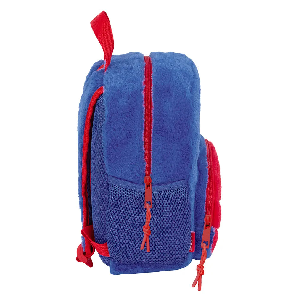 Blauer Plüsch-Rucksack mit roten Reißverschlüssen und Netzseitentasche