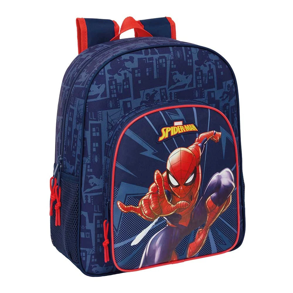 Dunkelblauer Spiderman Rucksack mit roten Akzenten und Spiderman-Grafik auf der Vordertasche