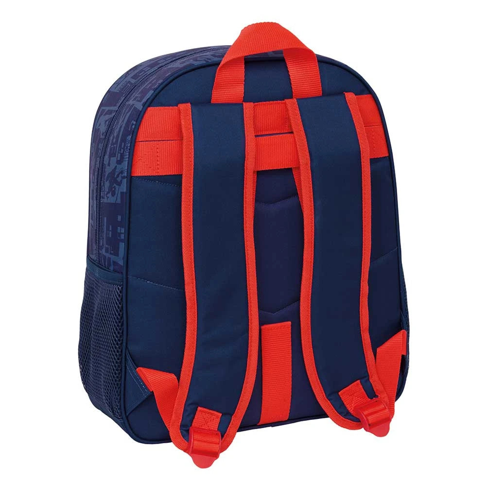 Dunkelblauer Rucksack mit roten Trägern und Griff, Rückansicht