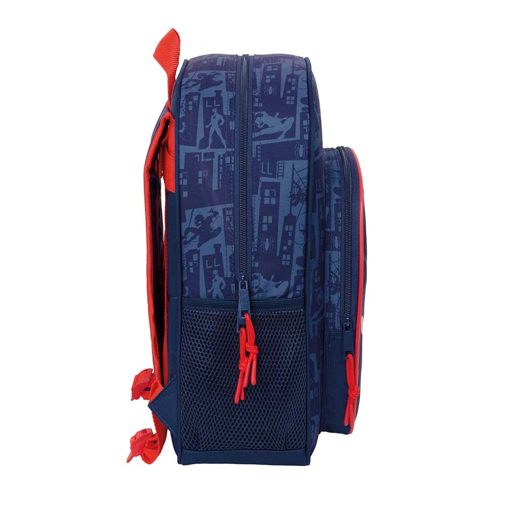 Blauer Rucksack mit Spiderman-Motiv und roten Reißverschlüssen